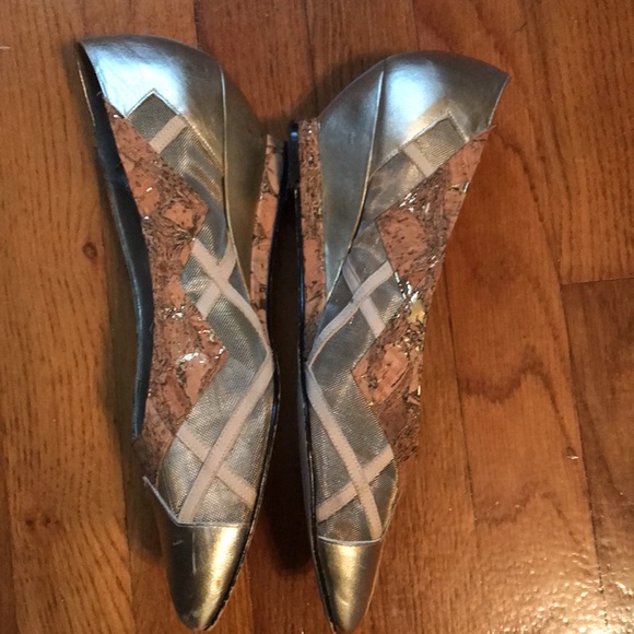 Silver unique wedges with tan, cork, and mesh accents - Picture 3 of 6